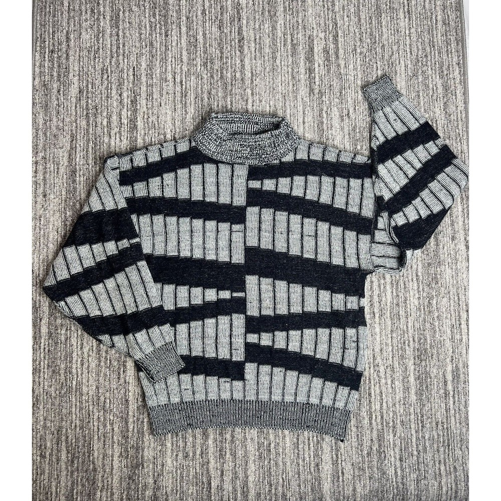 Vintage Hoopla Sweater Adult Men Large Black Gray Stripe Mixed Pullover Sweater